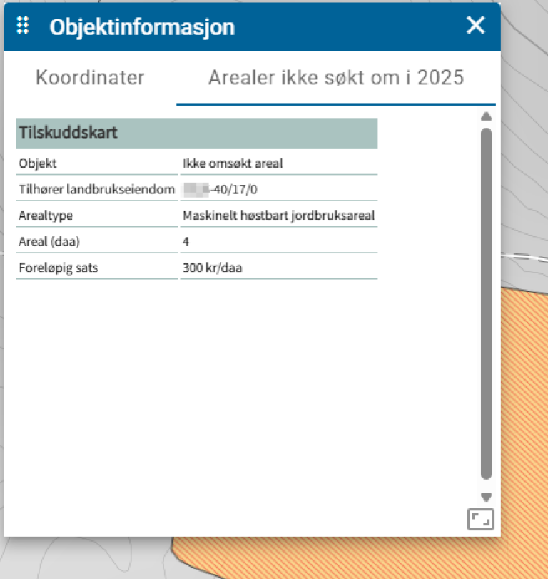 Bilde viser objektinformasjon over arealer som ikke søkt om i 2024