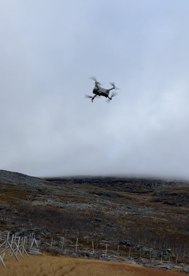 Drone som svever over gress og stein på Finnmarksvidda. 