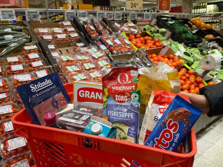 Rød handlekurv med ulike matvarer, som illustrerer at RÅK-ordningen gjør produsenter av norsk mat mer konkurransedyktige.