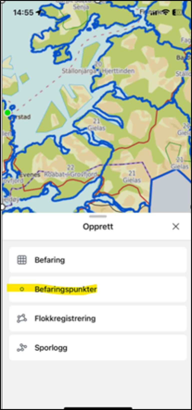 Kartbilde med markering av menypunkt "Befaringspunkter" under