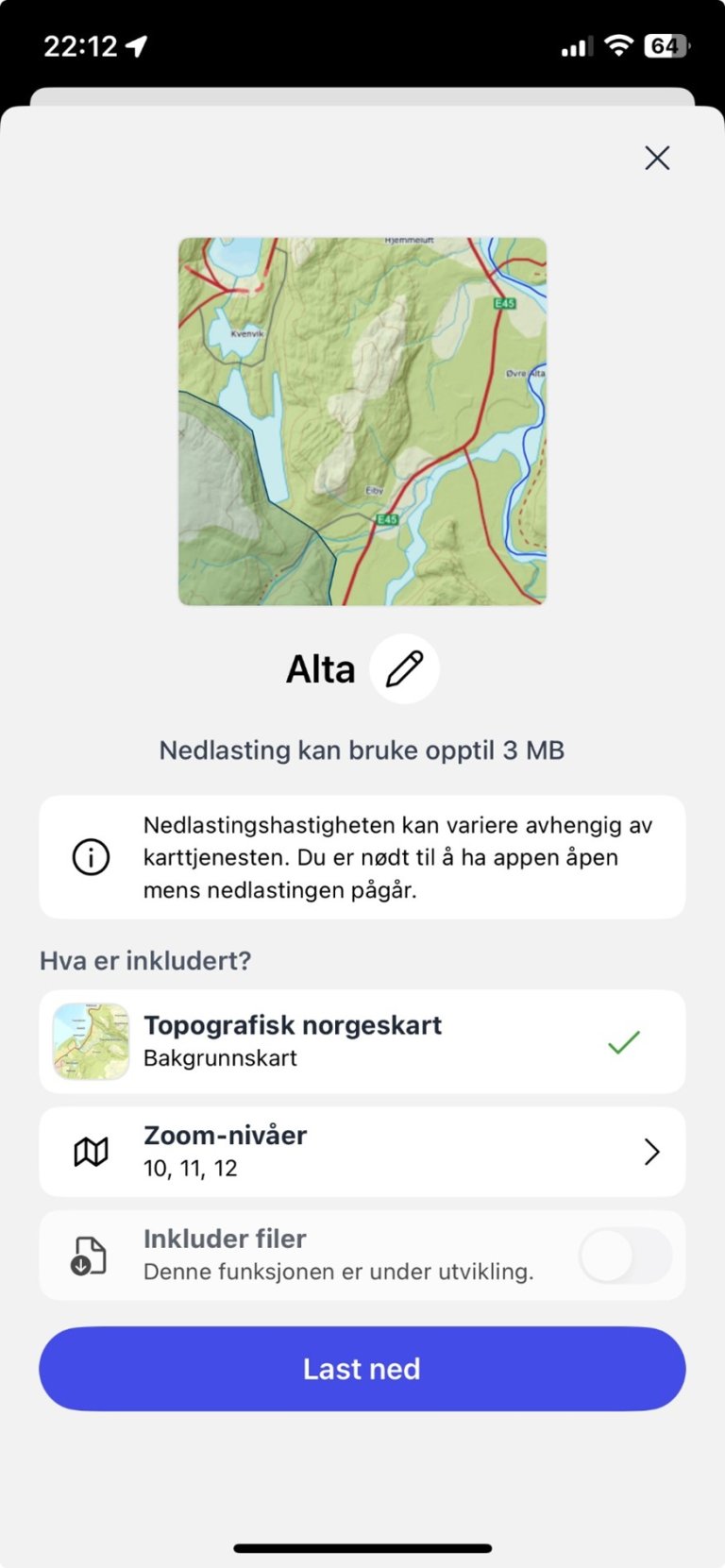Bilde i appen med kartutsnitt fra Alta