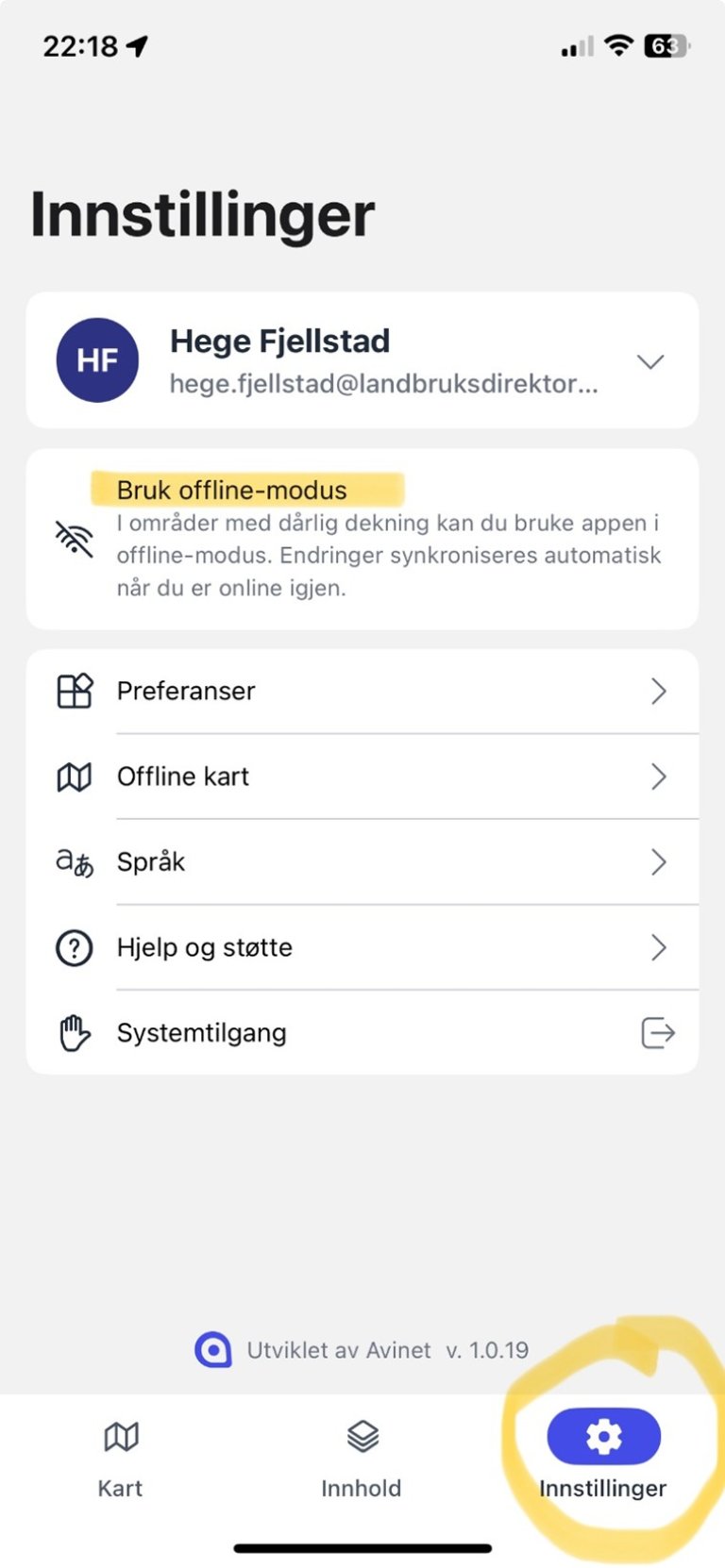 Skjermbilde fra appen med tittel #Innstillinger" og markering av teksten "Bruk offline-modus"